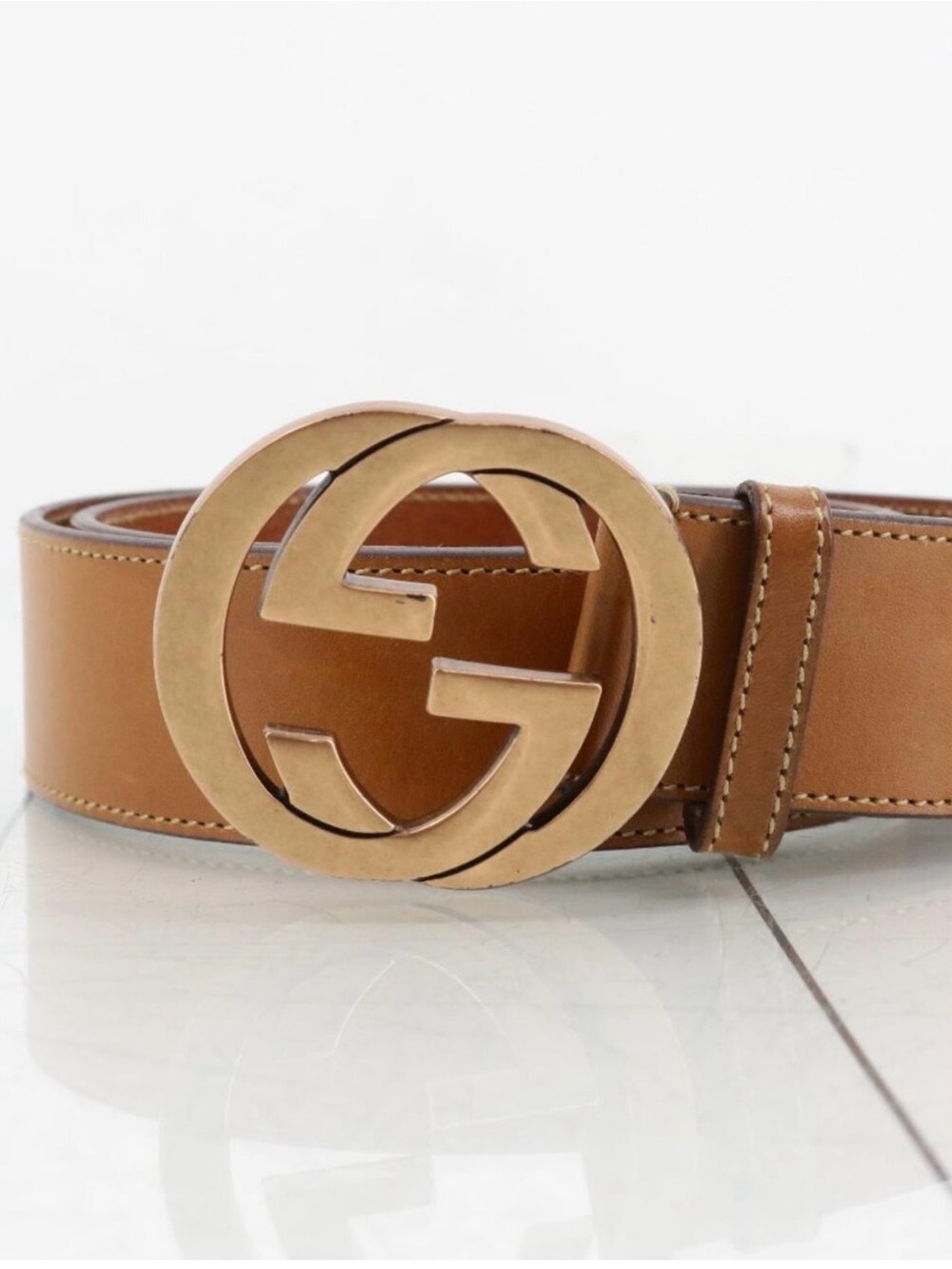 Gucci Tan Leather Belt with Gold Double G Buckle Size 80/32